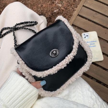 TJ2239# 女包2025新款韩版秋冬时尚链条羊羔毛斜挎包女ins单肩半圆马鞍包