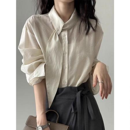 FA53108# 韩系围巾领长袖衬衫女秋季设计小众长袖上衣宽松通勤法式小资小衫 服裝批發女裝批發服飾貨源