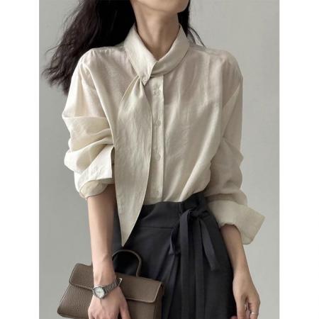 FA53108# 韩系围巾领长袖衬衫女秋季设计小众长袖上衣宽松通勤法式小资小衫 服裝批發女裝批發服飾貨源