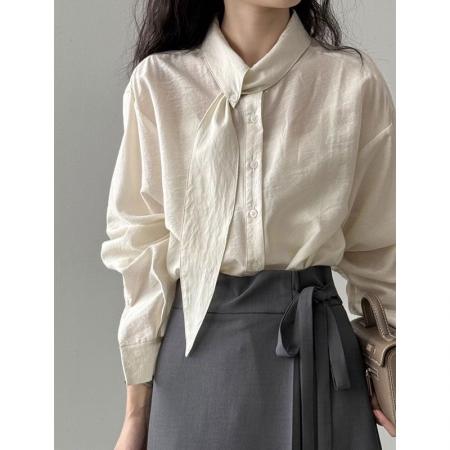 FA53108# 韩系围巾领长袖衬衫女秋季设计小众长袖上衣宽松通勤法式小资小衫 服裝批發女裝批發服飾貨源