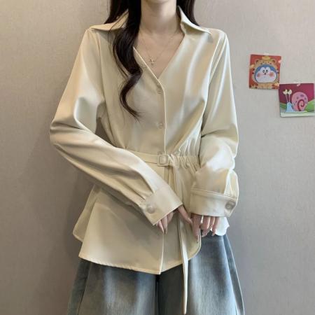 FA53109# 正肩V领长袖打底衬衫女秋季胖妹妹大码设计感不规则显瘦收腰上衣 服裝批發女裝批發服飾貨源