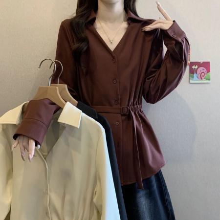 FA53109# 正肩V领长袖打底衬衫女秋季胖妹妹大码设计感不规则显瘦收腰上衣 服裝批發女裝批發服飾貨源