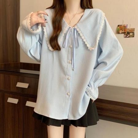 FA53110# 大码女装胖mm秋新款韩版宽松显瘦毛衣减龄娃娃领系带长袖衬衫上衣 服裝批發女裝批發服飾貨源