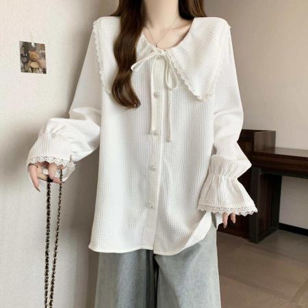 FA53110# 大码女装胖mm秋新款韩版宽松显瘦毛衣减龄娃娃领系带长袖衬衫上衣 服裝批發女裝批發服飾貨源