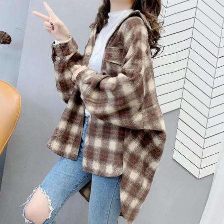 FA53112# 300斤加大码胖mm磨毛上衣设计感小众港风格子衬衫女百搭开衫外套 服裝批發女裝批發服飾貨源