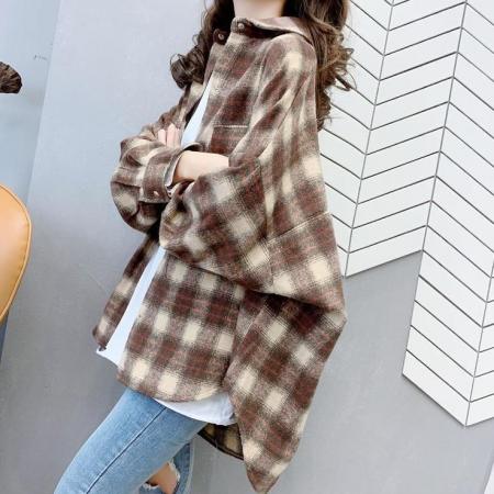 FA53112# 300斤加大码胖mm磨毛上衣设计感小众港风格子衬衫女百搭开衫外套 服裝批發女裝批發服飾貨源