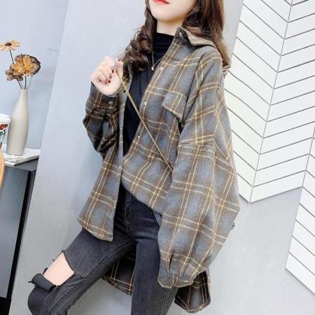FA53112# 300斤加大码胖mm磨毛上衣设计感小众港风格子衬衫女百搭开衫外套 服裝批發女裝批發服飾貨源