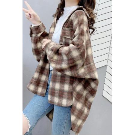 FA53112# 300斤加大码胖mm磨毛上衣设计感小众港风格子衬衫女百搭开衫外套 服裝批發女裝批發服飾貨源