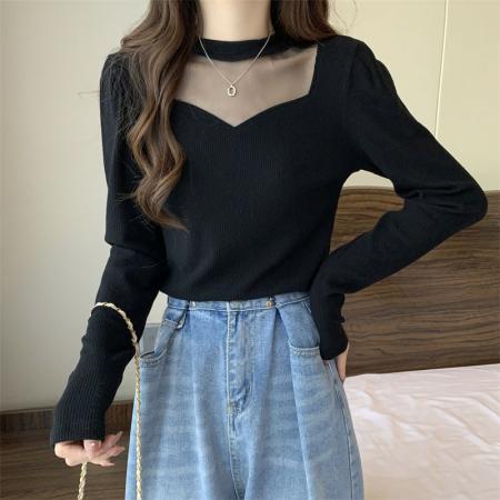 FA53113# 300斤大码女装秋冬胖mm打底衫洋气内搭锁骨上衣女人味镂空长袖t恤 服裝批發女裝批發服飾貨源