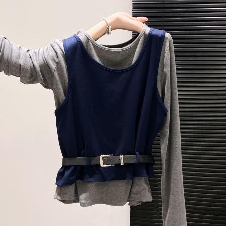 FA53115# 秋季新款纯棉长袖T恤背心两件套腰带显瘦设计百搭上衣件套 服裝批發女裝批發服飾貨源
