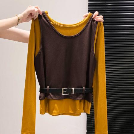 FA53115# 秋季新款纯棉长袖T恤背心两件套腰带显瘦设计百搭上衣件套 服裝批發女裝批發服飾貨源