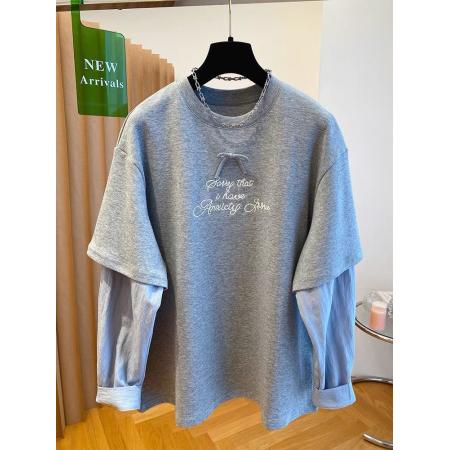 FA53116# 特大码300斤高级感欧货蝴蝶结字母假两件T恤女长袖打底衫百搭上衣 服裝批發女裝批發服飾貨源