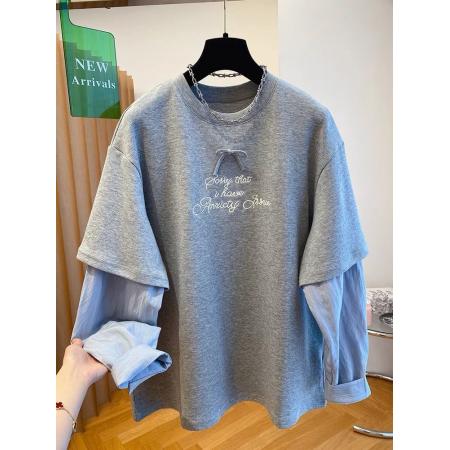 FA53116# 特大码300斤高级感欧货蝴蝶结字母假两件T恤女长袖打底衫百搭上衣 服裝批發女裝批發服飾貨源