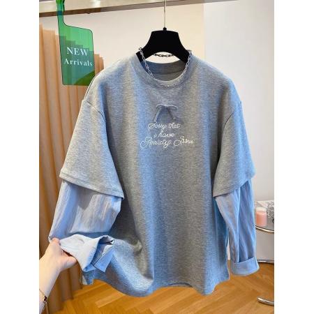 FA53116# 特大码300斤高级感欧货蝴蝶结字母假两件T恤女长袖打底衫百搭上衣 服裝批發女裝批發服飾貨源