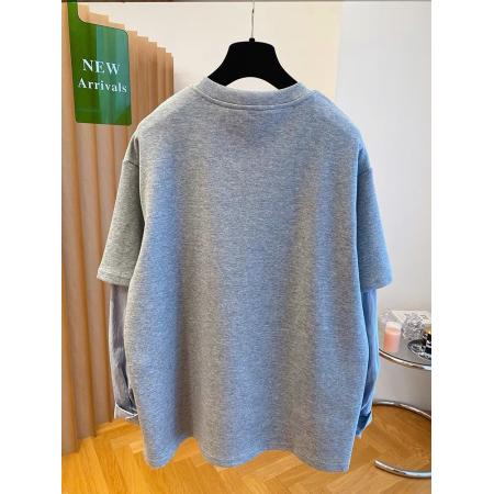 FA53116# 特大码300斤高级感欧货蝴蝶结字母假两件T恤女长袖打底衫百搭上衣 服裝批發女裝批發服飾貨源