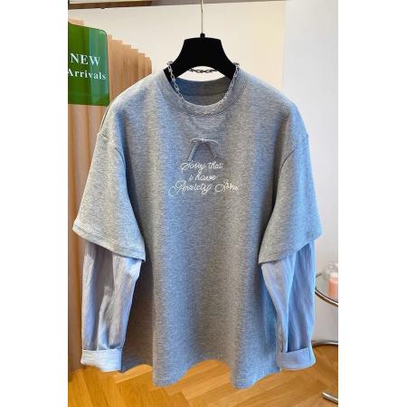 FA53116# 特大码300斤高级感欧货蝴蝶结字母假两件T恤女长袖打底衫百搭上衣 服裝批發女裝批發服飾貨源