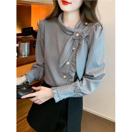 FA53117# 法式高级感雪纺衬衫女轻奢长袖格子上衣新款秋季洋气别致小衫 服裝批發女裝批發服飾貨源