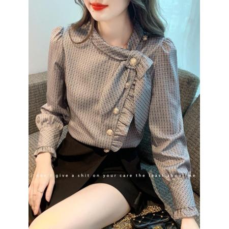 FA53117# 法式高级感雪纺衬衫女轻奢长袖格子上衣新款秋季洋气别致小衫 服裝批發女裝批發服飾貨源