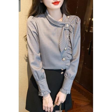 FA53117# 法式高级感雪纺衬衫女轻奢长袖格子上衣新款秋季洋气别致小衫 服裝批發女裝批發服飾貨源