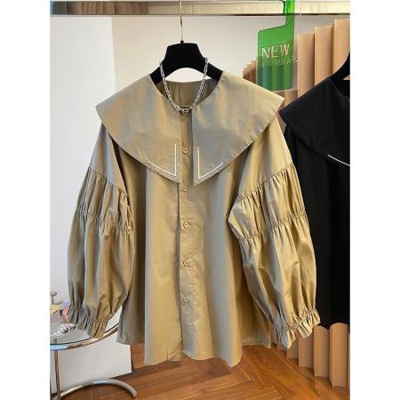 FA53118# 春秋娃娃领宽松衬衫女遮肚子灯笼袖上衣 服裝批發女裝批發服飾貨源