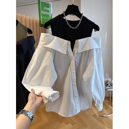 FA53120# 反季新款露肩上衣女显瘦宽松遮肉背心拼接长袖小清新甜美上衣 服裝批發女裝批發服飾貨源