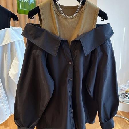 FA53120# 反季新款露肩上衣女显瘦宽松遮肉背心拼接长袖小清新甜美上衣 服裝批發女裝批發服飾貨源