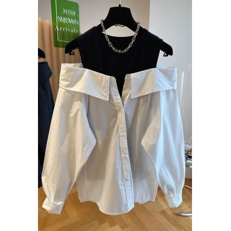 FA53120# 反季新款露肩上衣女显瘦宽松遮肉背心拼接长袖小清新甜美上衣 服裝批發女裝批發服飾貨源