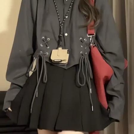 FA53124# 日系甜辣学院风短款系带长袖衬衫女黑色百褶裙秋季小个子穿搭套装 服裝批發女裝批發服飾貨源