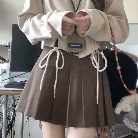 FA53124# 日系甜辣学院风短款系带长袖衬衫女黑色百褶裙秋季小个子穿搭套装 服裝批發女裝批發服飾貨源