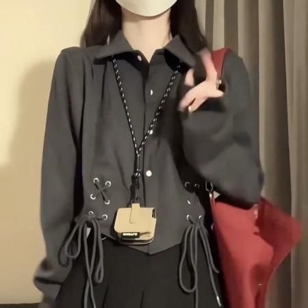 FA53124# 日系甜辣学院风短款系带长袖衬衫女黑色百褶裙秋季小个子穿搭套装 服裝批發女裝批發服飾貨源