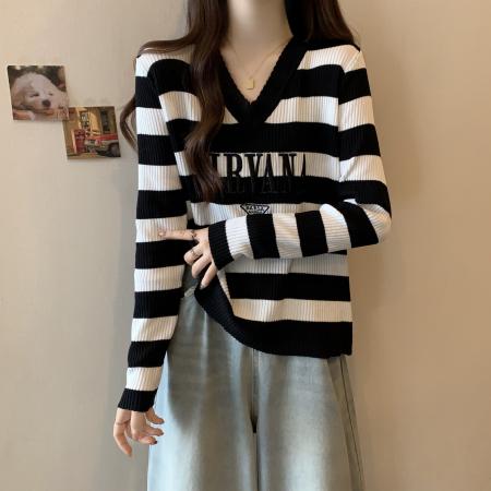 FA53125# 大码女装早春新款V领字母刺绣条纹长袖薄款针织衫 服裝批發女裝批發服飾貨源