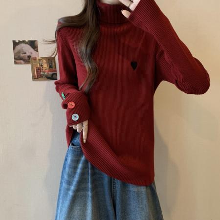 FA53126# 大码冬季新款黑色针织衫彩色扣子毛衣微胖高领长袖 服裝批發女裝批發服飾貨源