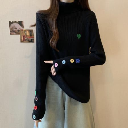 FA53126# 大码冬季新款黑色针织衫彩色扣子毛衣微胖高领长袖 服裝批發女裝批發服飾貨源