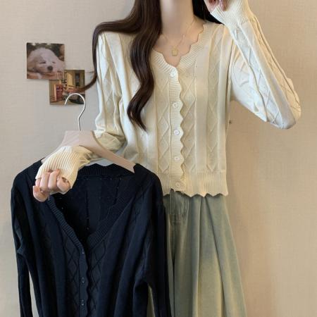 FA53127# 大码春秋新款韩系冰丝开衫女微胖正肩波浪边针织外套 服裝批發女裝批發服飾貨源