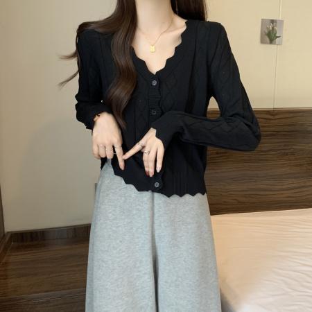 FA53127# 大码春秋新款韩系冰丝开衫女微胖正肩波浪边针织外套 服裝批發女裝批發服飾貨源