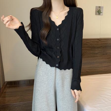 FA53127# 大码春秋新款韩系冰丝开衫女微胖正肩波浪边针织外套 服裝批發女裝批發服飾貨源