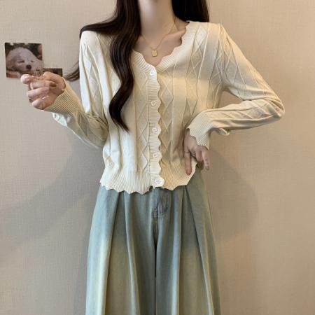 FA53127# 大码春秋新款韩系冰丝开衫女微胖正肩波浪边针织外套 服裝批發女裝批發服飾貨源