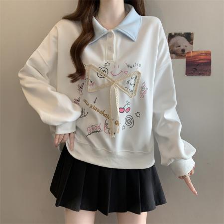 FA53128# 大码胖春季新款蝴蝶结印花卫衣女polo领学院风上衣 服裝批發女裝批發服飾貨源