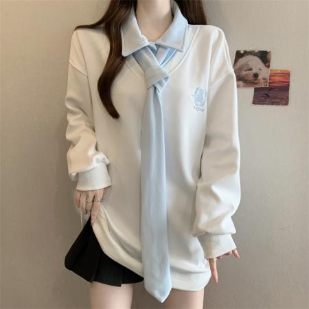 FA53129# 大码胖MM春季新款POLO领学院风假两件长袖卫衣 服裝批發女裝批發服飾貨源