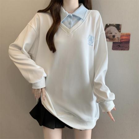 FA53129# 大码胖MM春季新款POLO领学院风假两件长袖卫衣 服裝批發女裝批發服飾貨源