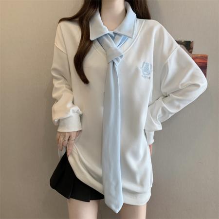 FA53129# 大码胖MM春季新款POLO领学院风假两件长袖卫衣 服裝批發女裝批發服飾貨源