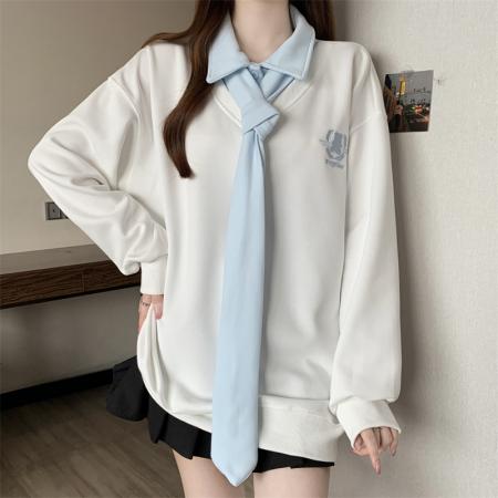 FA53129# 大码胖MM春季新款POLO领学院风假两件长袖卫衣 服裝批發女裝批發服飾貨源