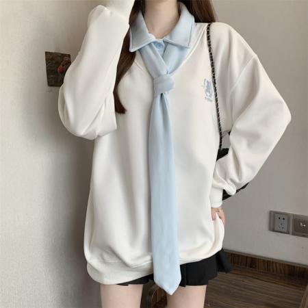 FA53129# 大码胖MM春季新款POLO领学院风假两件长袖卫衣 服裝批發女裝批發服飾貨源