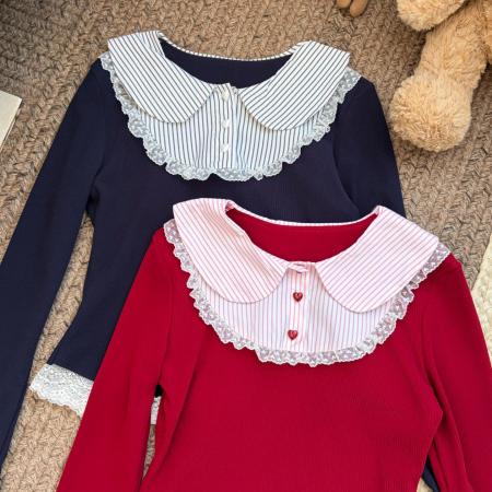 FA53130# 织物猪胭脂海棠复古甜心风假两件红色上衣女秋修身显瘦长袖T恤 服裝批發女裝批發服飾貨源