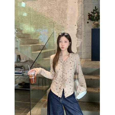 FA53133# 大码法式甜辣风花边V领长袖打底衫小碎花上衣 服裝批發女裝批發服飾貨源