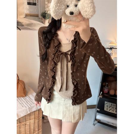 FA53134# 大码设计感气质碎花拼色假两件长袖荷叶边系带打底衫 服裝批發女裝批發服飾貨源