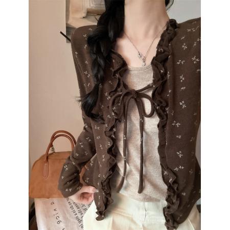 FA53134# 大码设计感气质碎花拼色假两件长袖荷叶边系带打底衫 服裝批發女裝批發服飾貨源