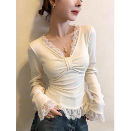 FA53135# 法式蕾丝拼接扭结V领长袖打底衫女内搭秋冬微胖mm大码设计感上衣 服裝批發女裝批發服飾貨源