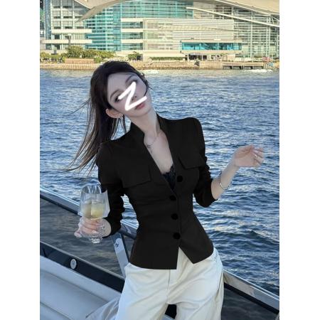 FA53136# 大码时尚早秋双口袋撞色纽扣上衣外套韩系老钱气质掐腰衬衫 服裝批發女裝批發服飾貨源