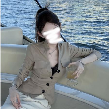 FA53136# 大码时尚早秋双口袋撞色纽扣上衣外套韩系老钱气质掐腰衬衫 服裝批發女裝批發服飾貨源